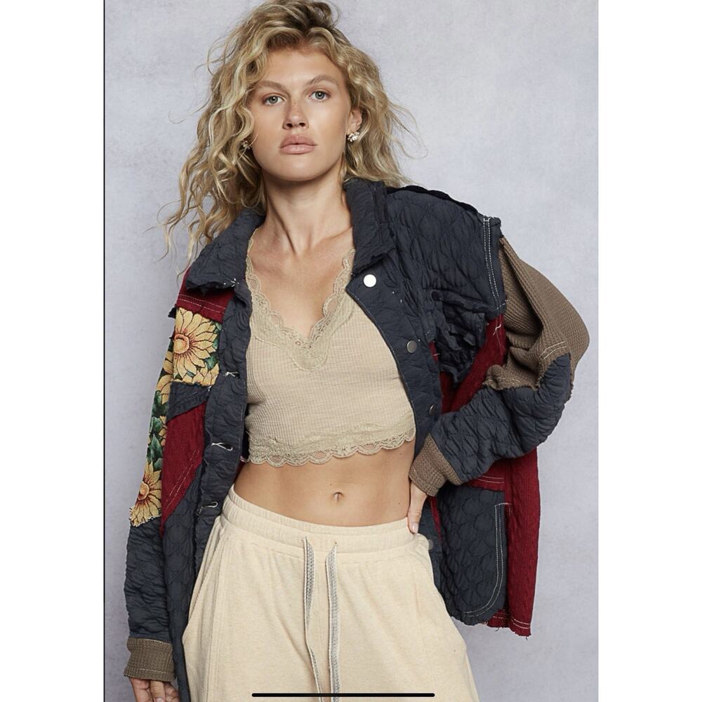 Quilted jacquard charcoal jacket with Sunflower And Patchwork